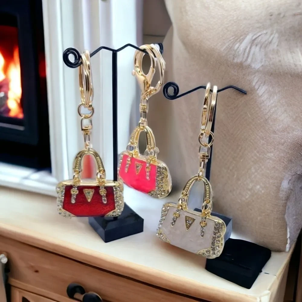 Red Mini Handbag Purse Charm Keychain Rhinestone Gold Bag Clip Enamel Accessory